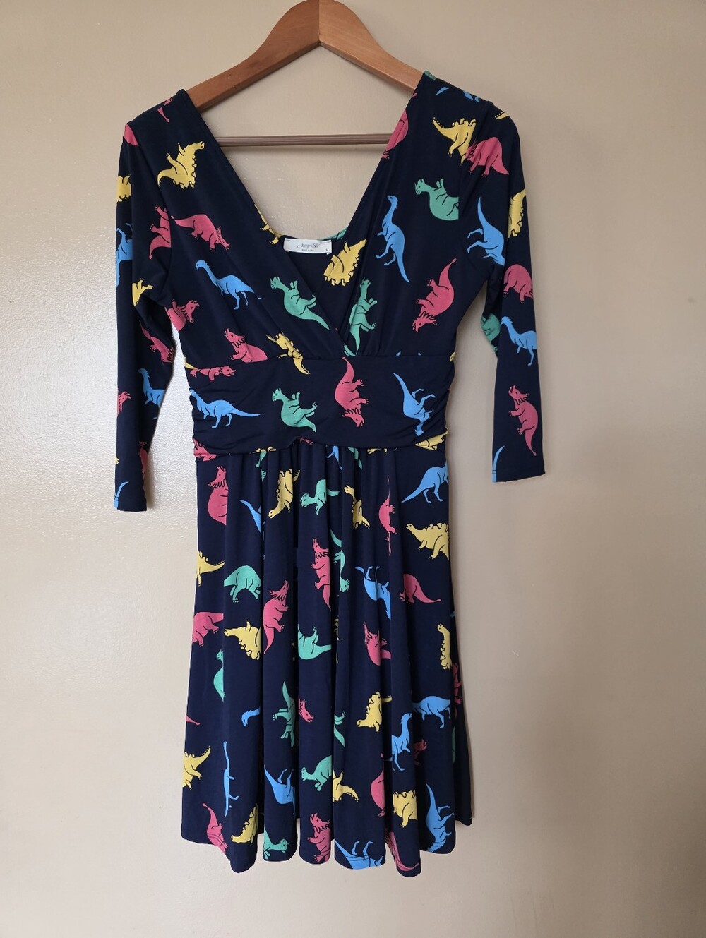 ModCloth Jessy B Dinosaur Print Novelty Empire Waist Dress M Faux Wrap Whimsical - Picture 2 of 12